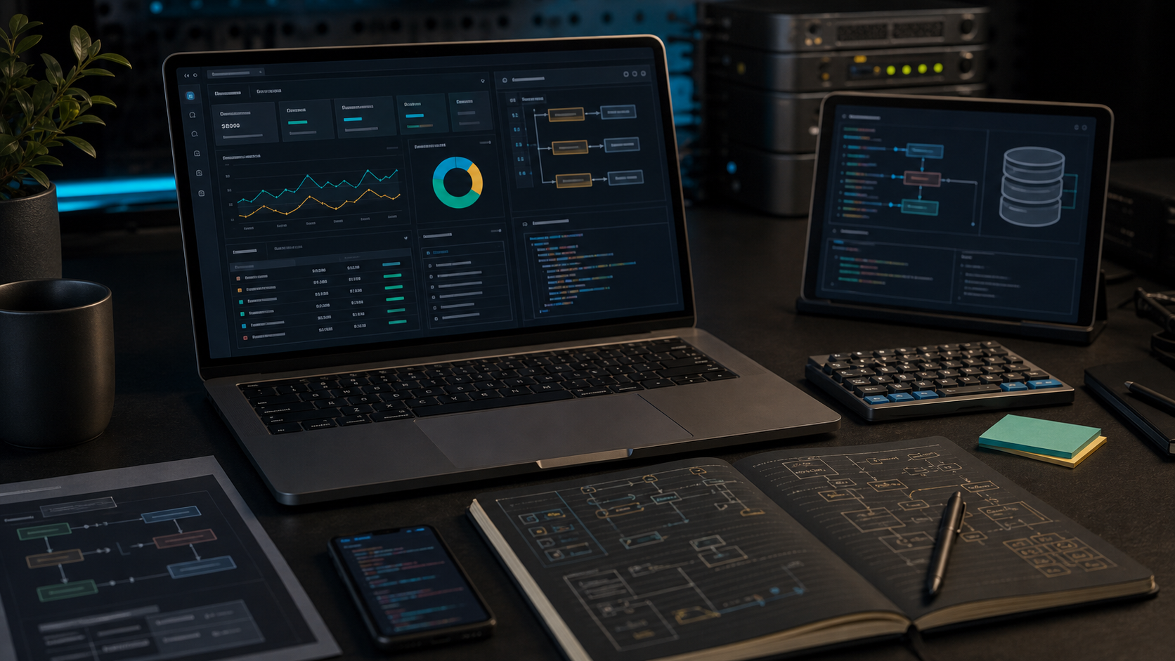 Рабочее место с Web-инструментами, аналитикой и API-схемами на экране